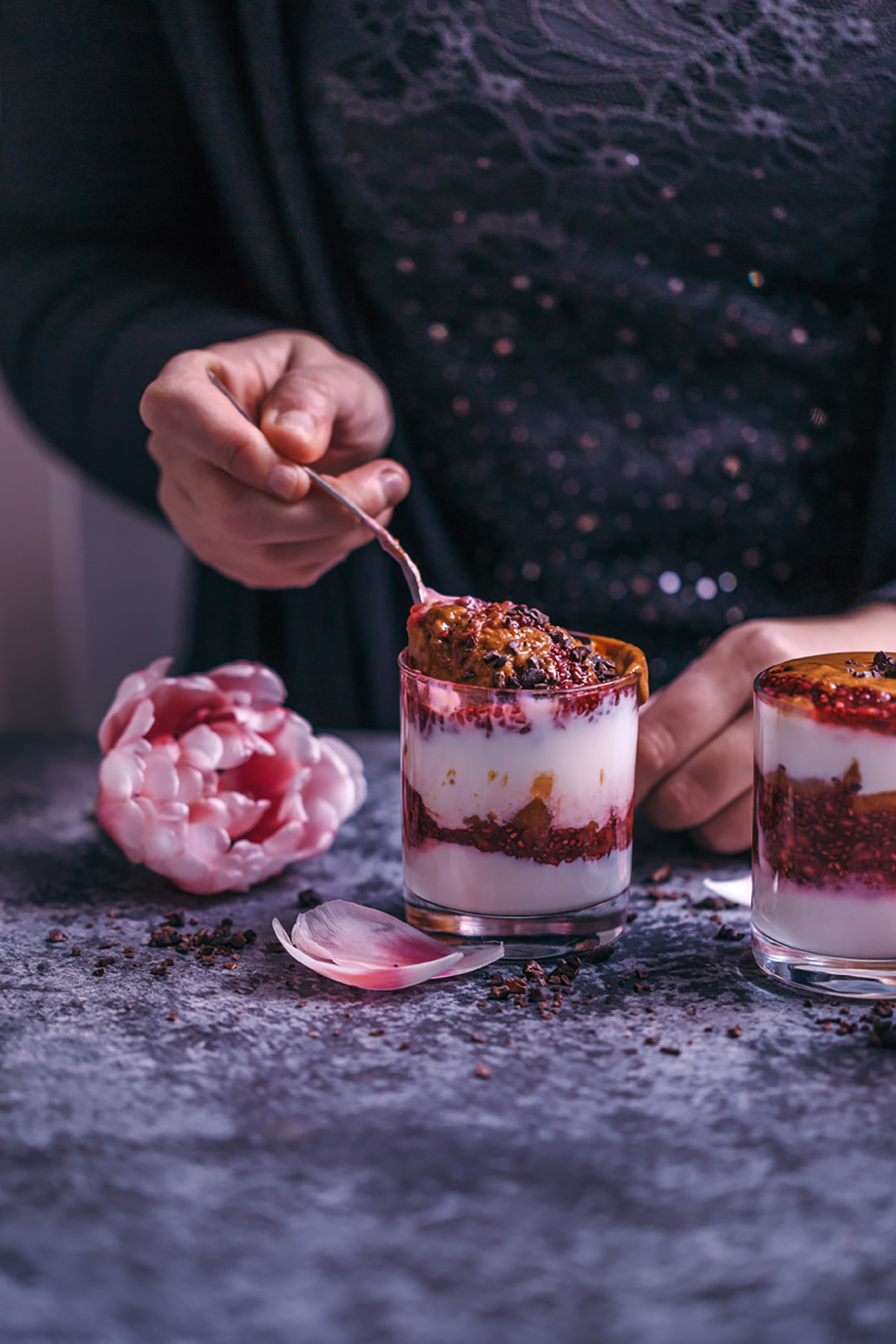 peanut butter and raspberry chia jam parfaits